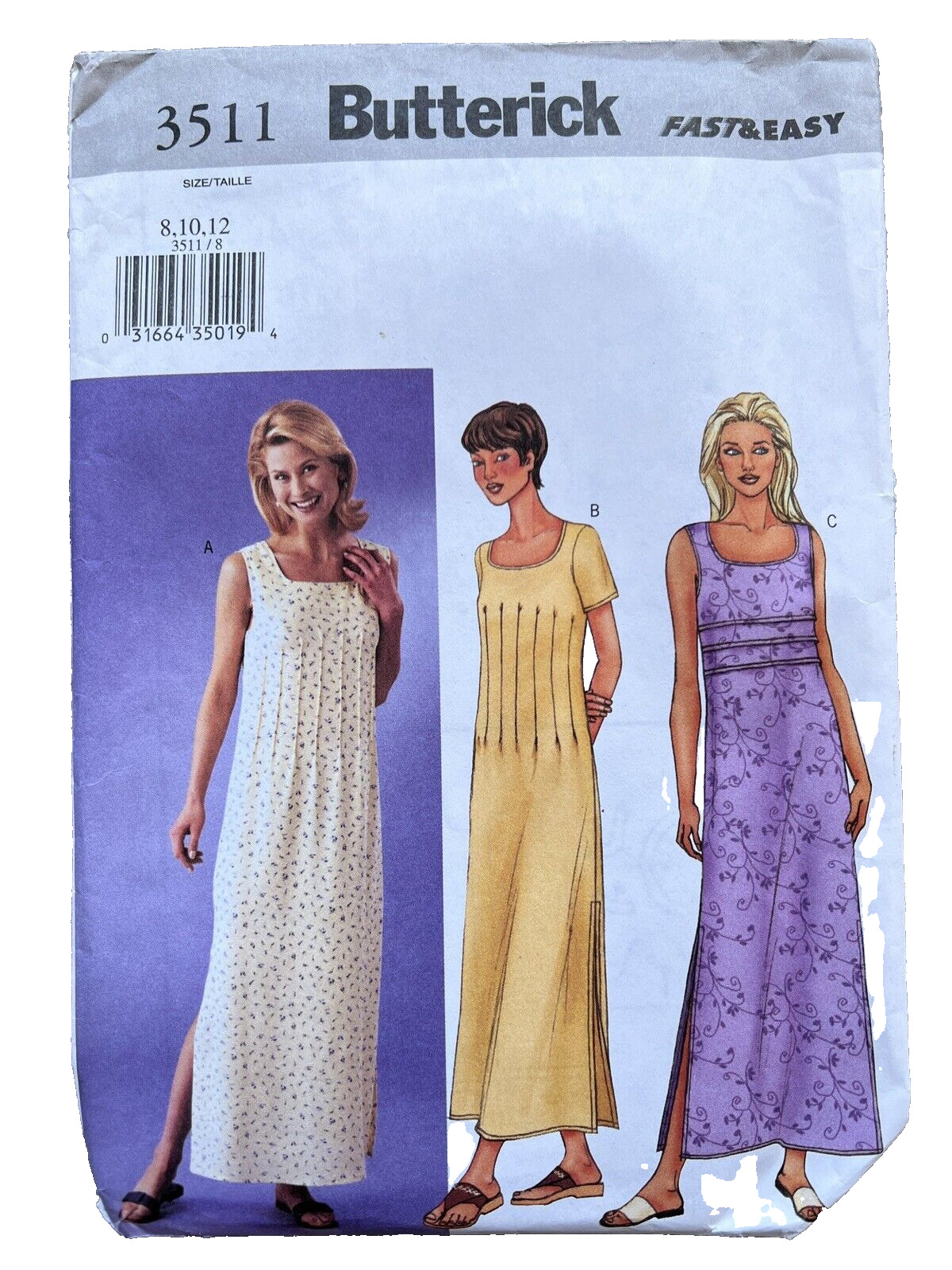 Vintage 1990s Butterick Pattern 3511 Sz 8 10 12 Pullover Lagenlook Maxi Dress UC