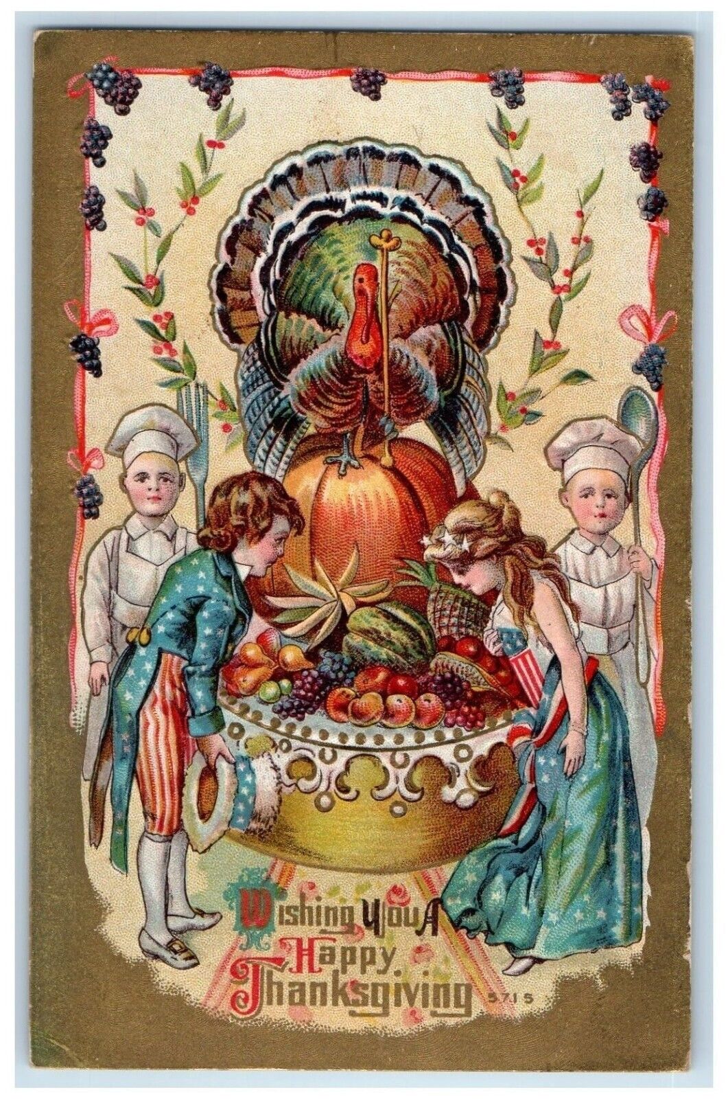 c1910's Thanksgiving Chef Turkey Colonial Fruits Embossed Antique Postcard