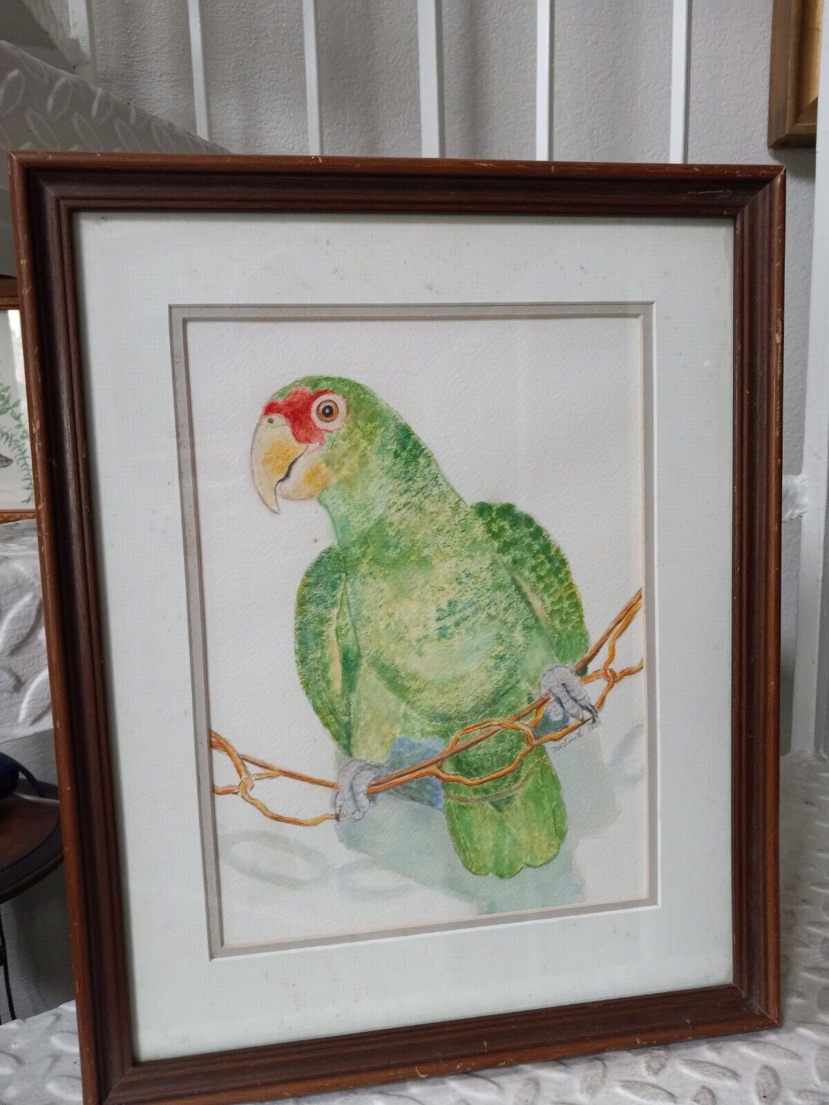 Vintage Aquarium Pet Store Red Crowned Amazon Parrot Framed Original Painting
