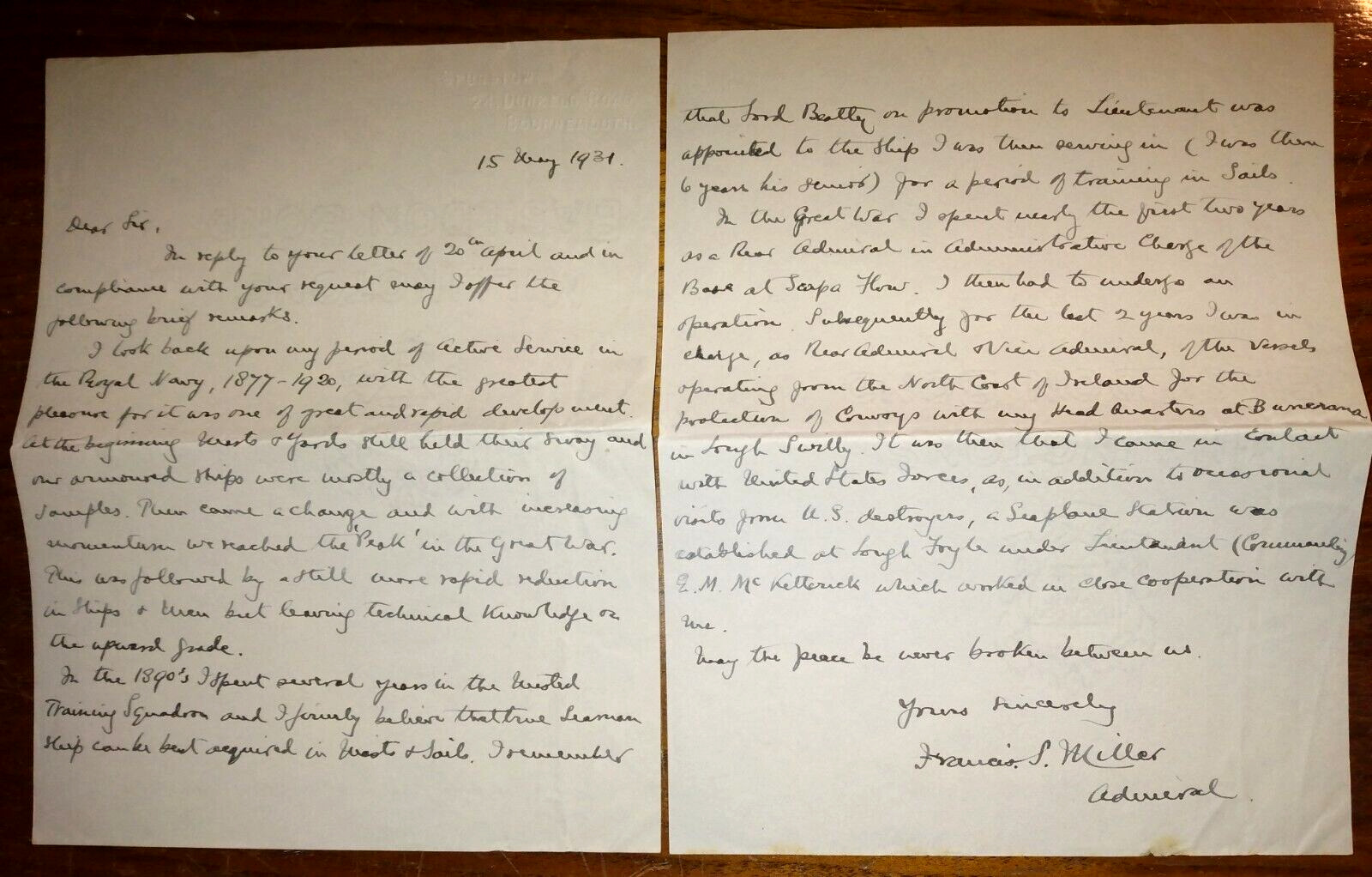 Admiral Francis Spurstow Miller (1863-1954) Signed Autobiographical Letter