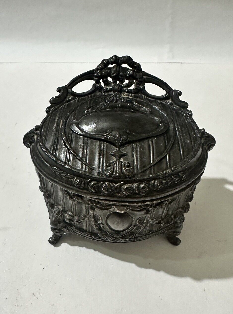 Antique Art Nouveau Trinket Box Dresser Jewelry Metal Victorian Vtg