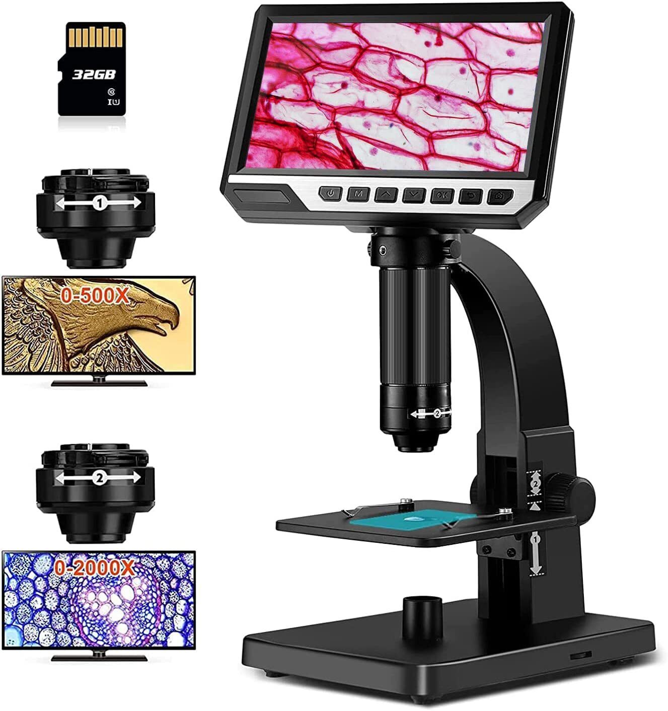 7'' IPS Digital Microscope 2000X Soldering Magnifier 12MP Camera Coin Inspection