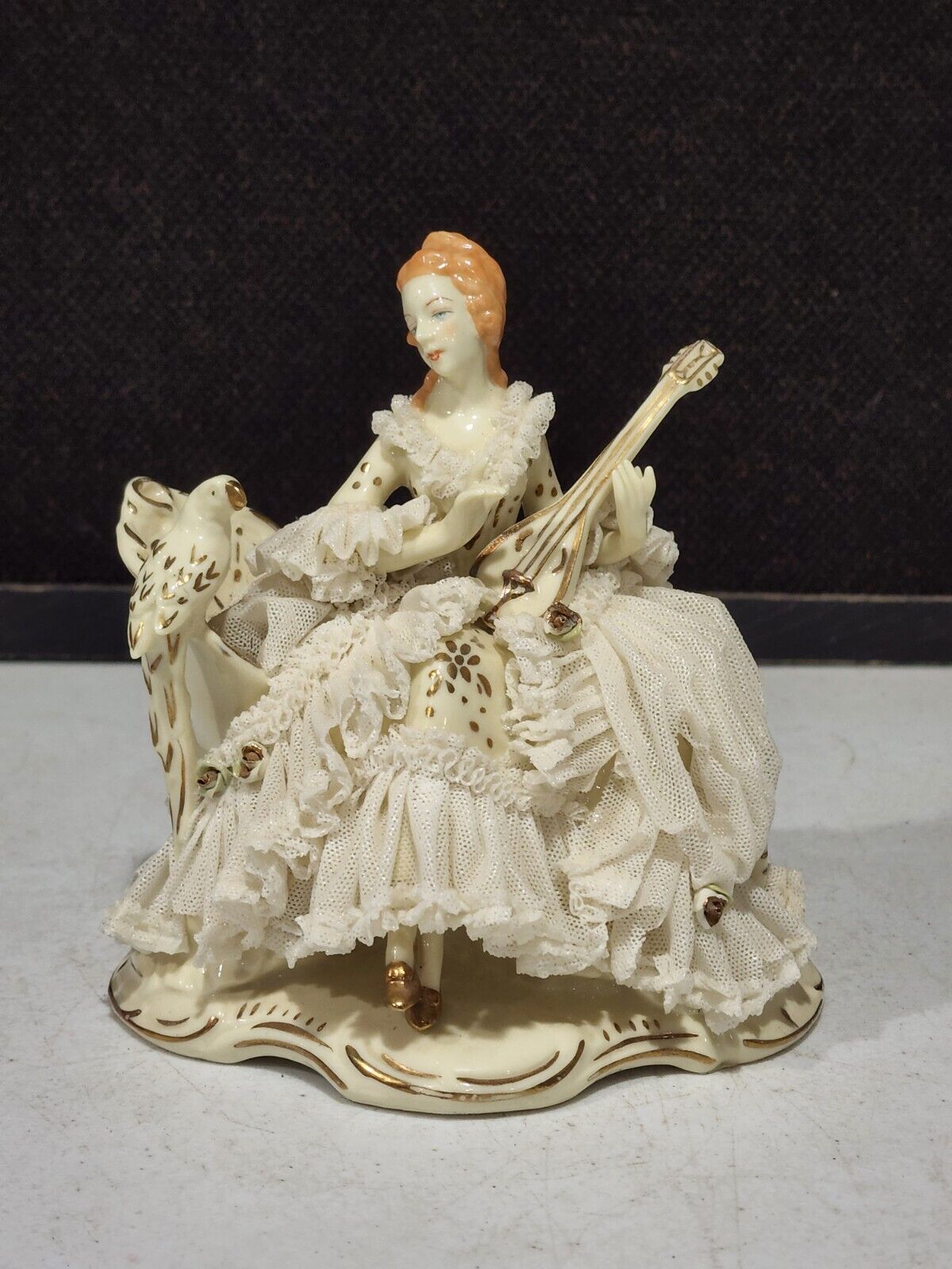 Old Dresden Art Porcelain Lace Figurine Woman on Couch Playing Mandolin w/Parrot