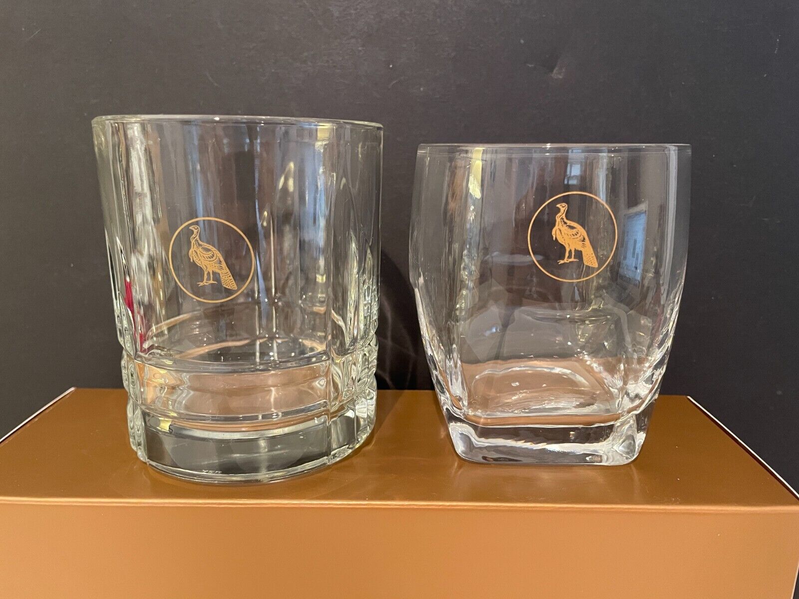 Two Wild Turkey Bourbon Whiskey Gold Emblem Rocks Glasses - 2 Different Styles