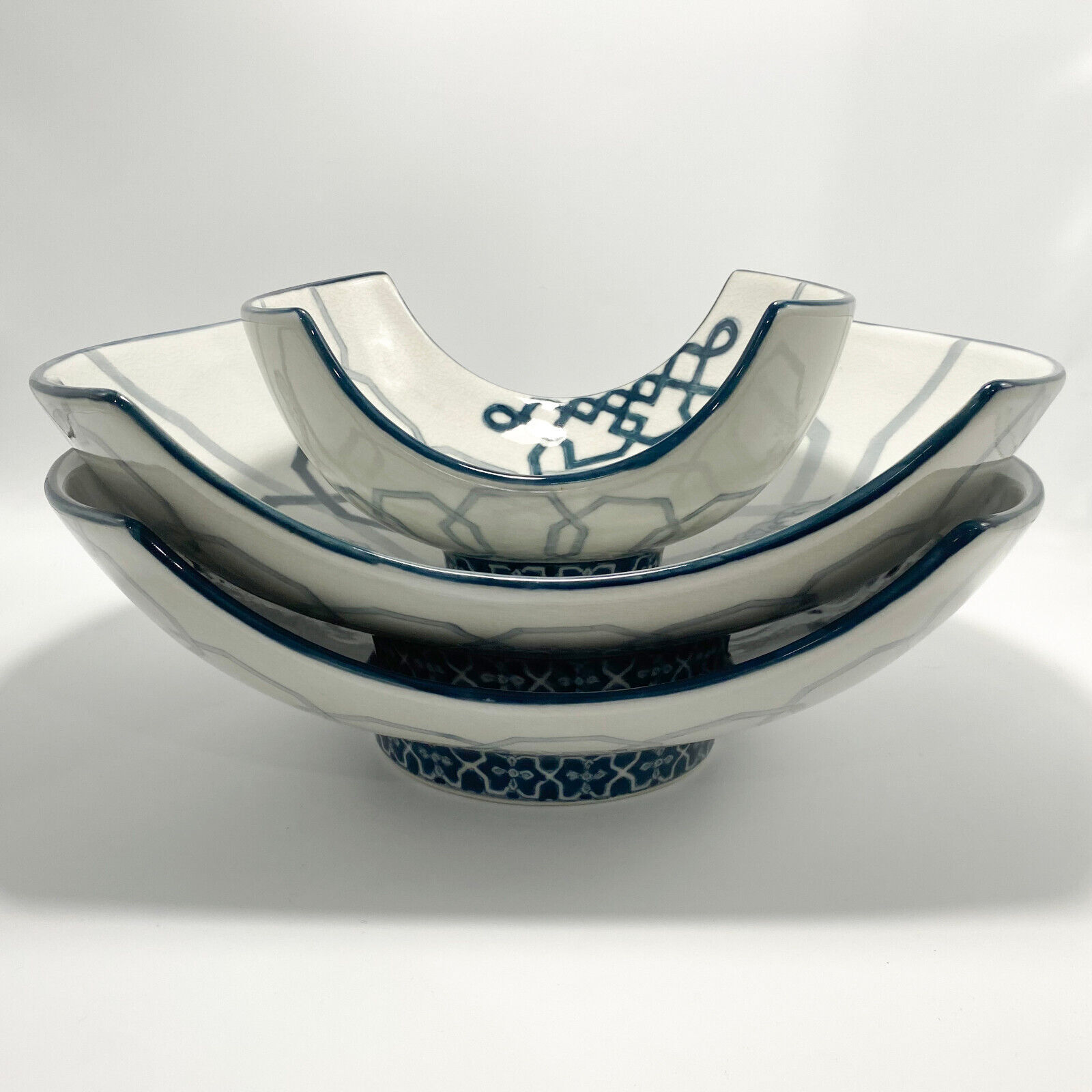 BOMBAY COMPANY Vintage Set of 3 Curved Decor Bowls - Teal Dragon & Lattice Motif