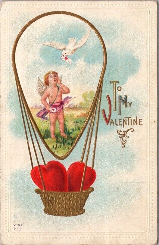 1913 VALENTINE'S DAY Postcard Cupid White Dove / Red Hearts in Basket NASH V-57