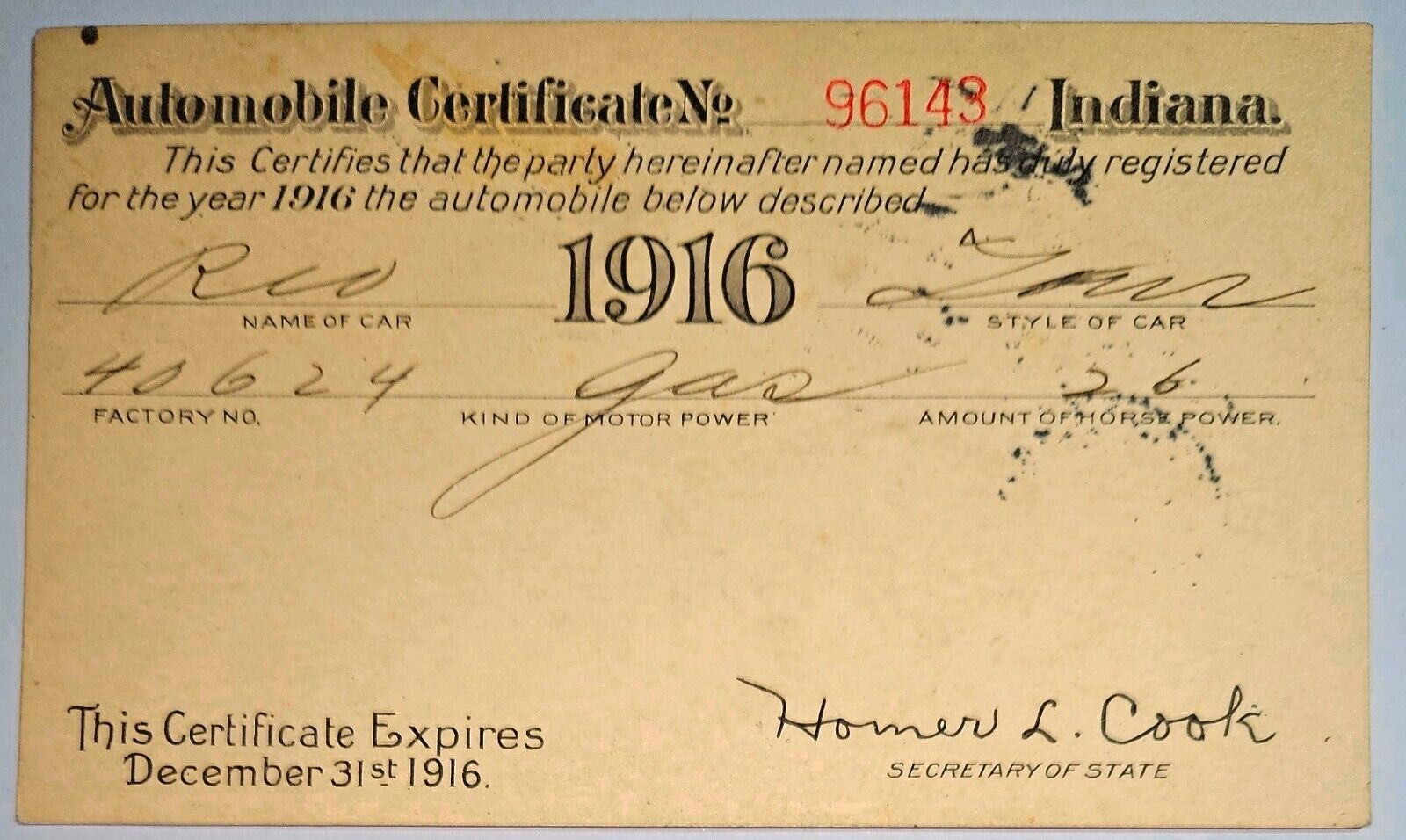 1916 Indiana Automobile Certificate/Registration Postcard/Veedersburg/REO Car