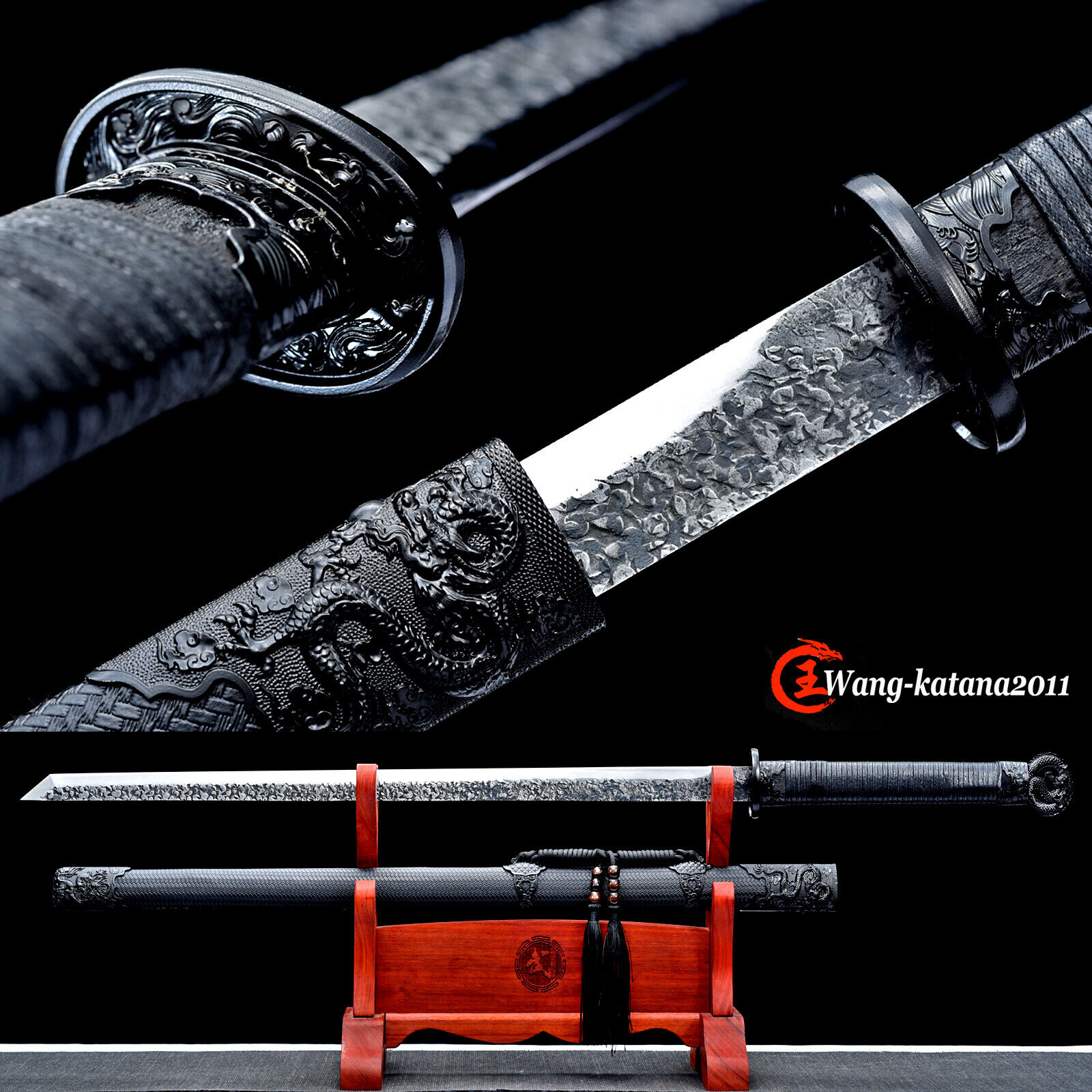 40'' Black Ninja Sword Dragon Sharp Straight 9260 Spring Steel Japanese Ninjato