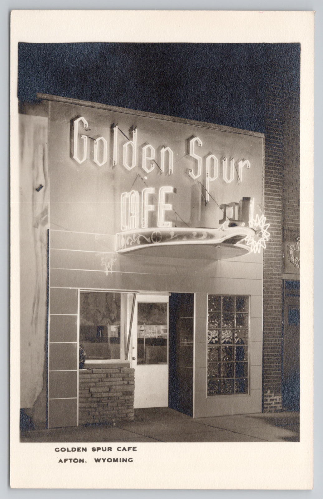 Golden Spur Cafe Afton Wyoming Neon Front Door c1950 Real Photo RPPC - Unposted