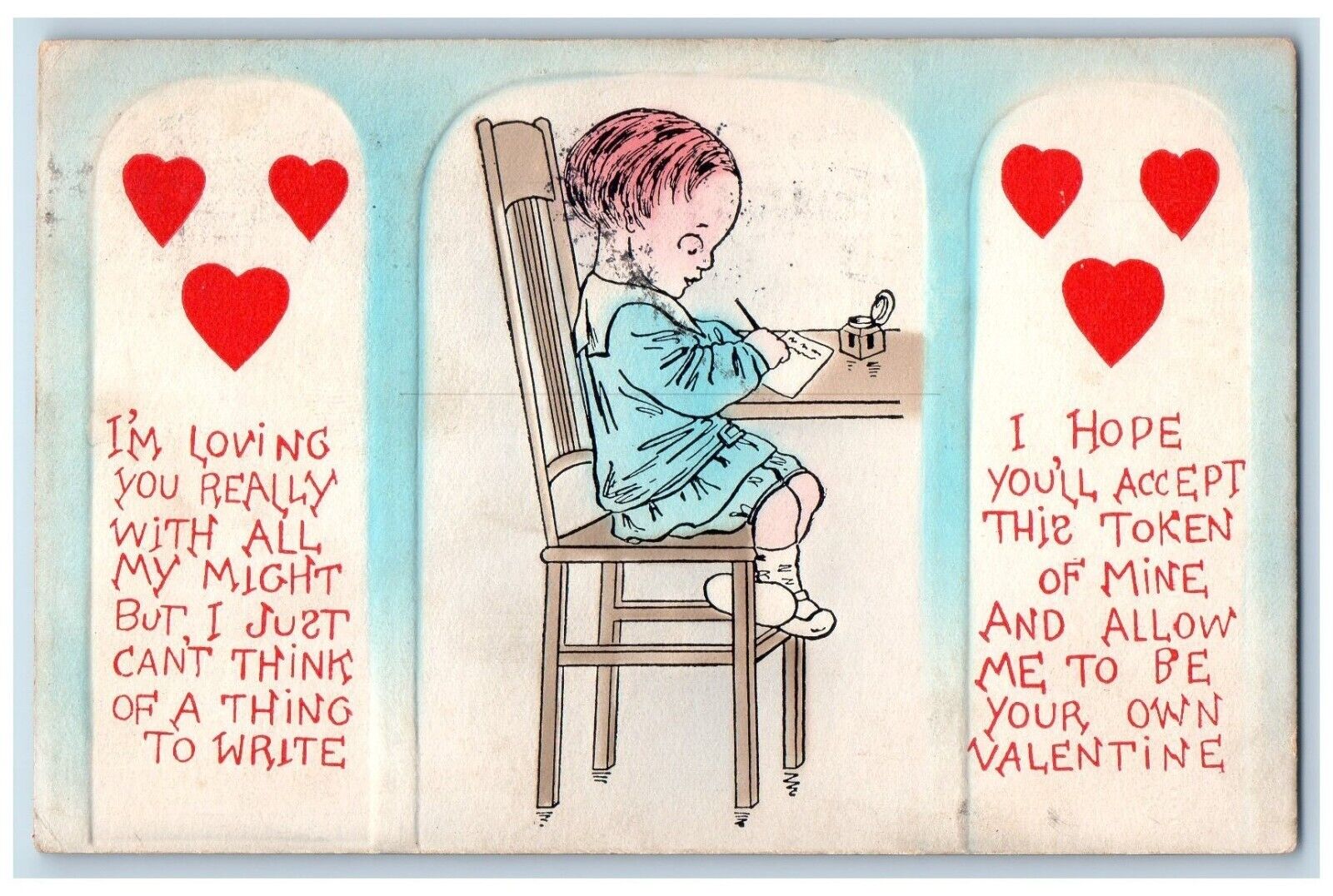 1913 Valentine Children Ink Writing Poem Hearts Embossed Torrington CT Postcard