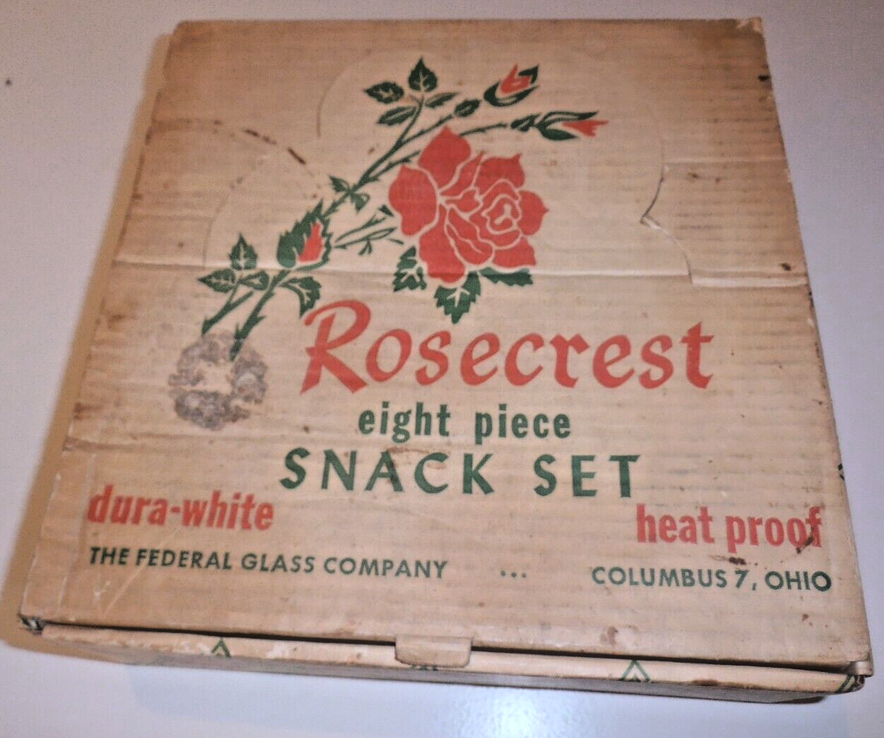 Gorgeous Vintage NOS Federal Milk Glass Rosecrest 8 Piece Decorative Snack Set