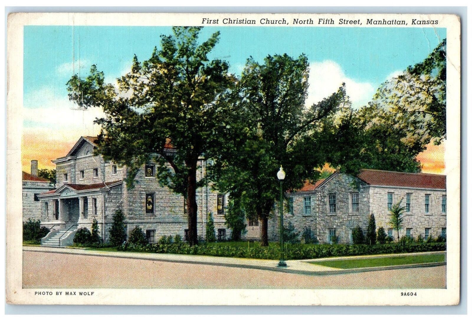 1941 First Christian Church Exterior Manhattan Kansas KS Posted Trees Postcard