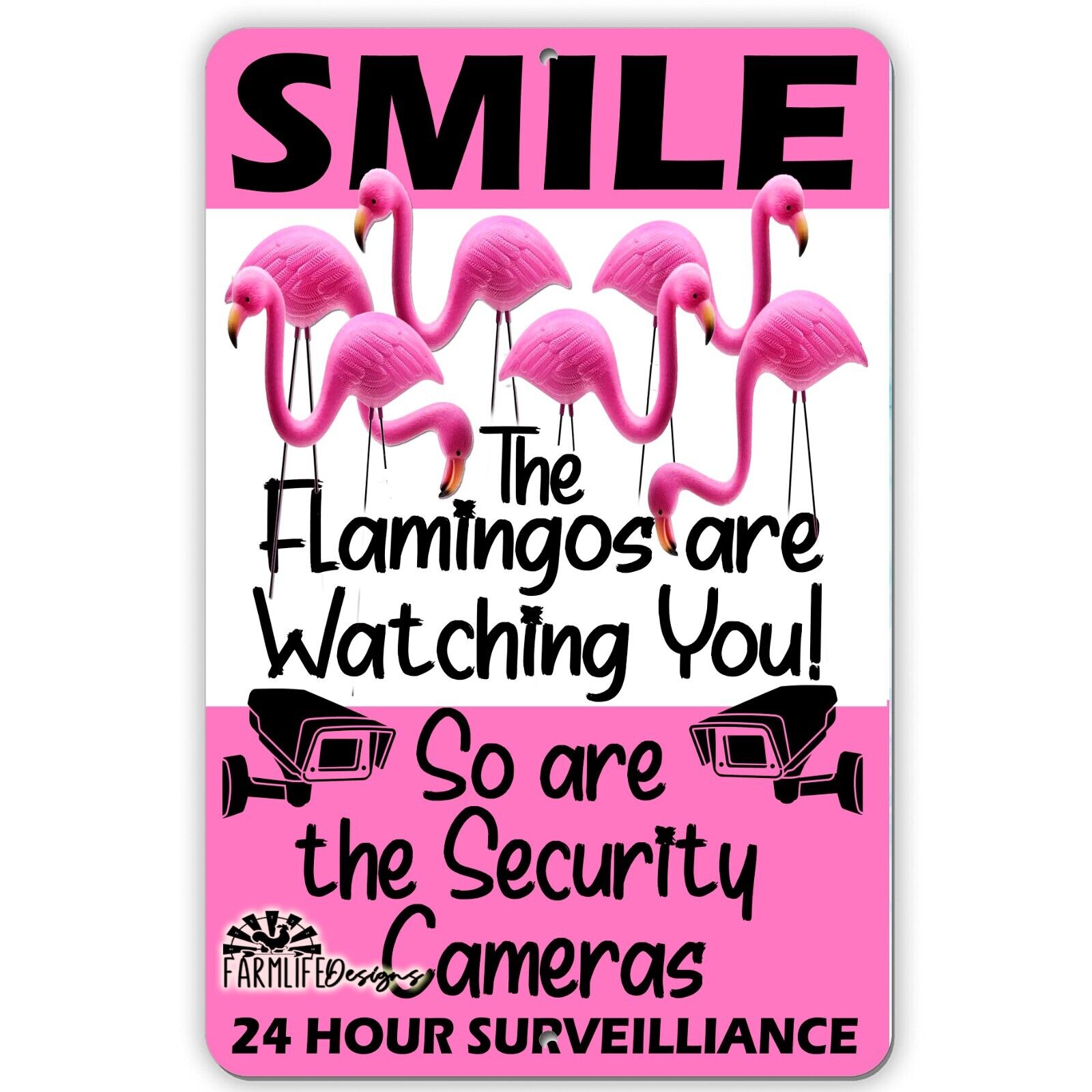 Crazy Flamingo Sign - Smile Security Cameras are Watching You - 8x12 handmade