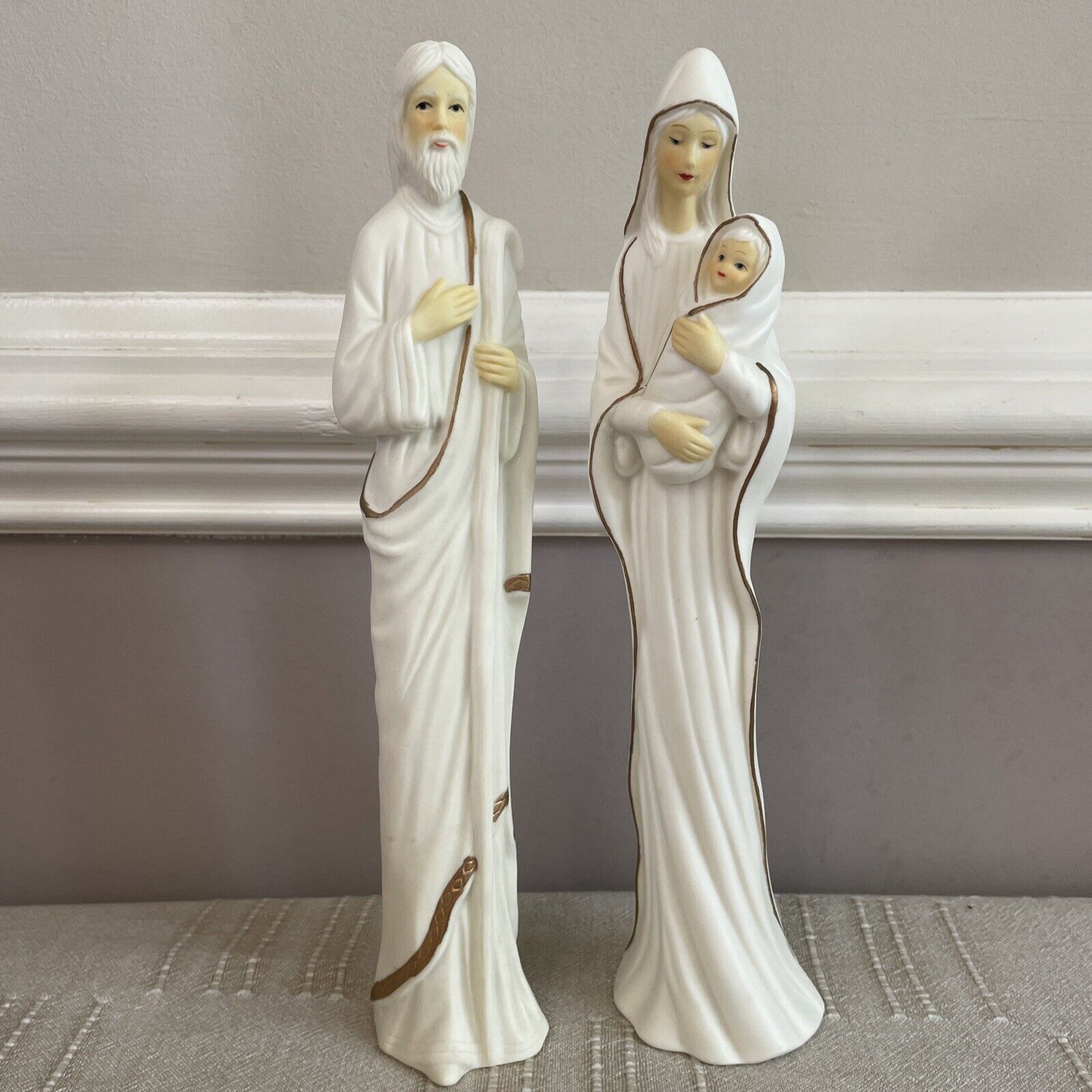 Nativity 10” Carlton Cards Figurine Mary Jesus and Joseph White Bisque with Gold
