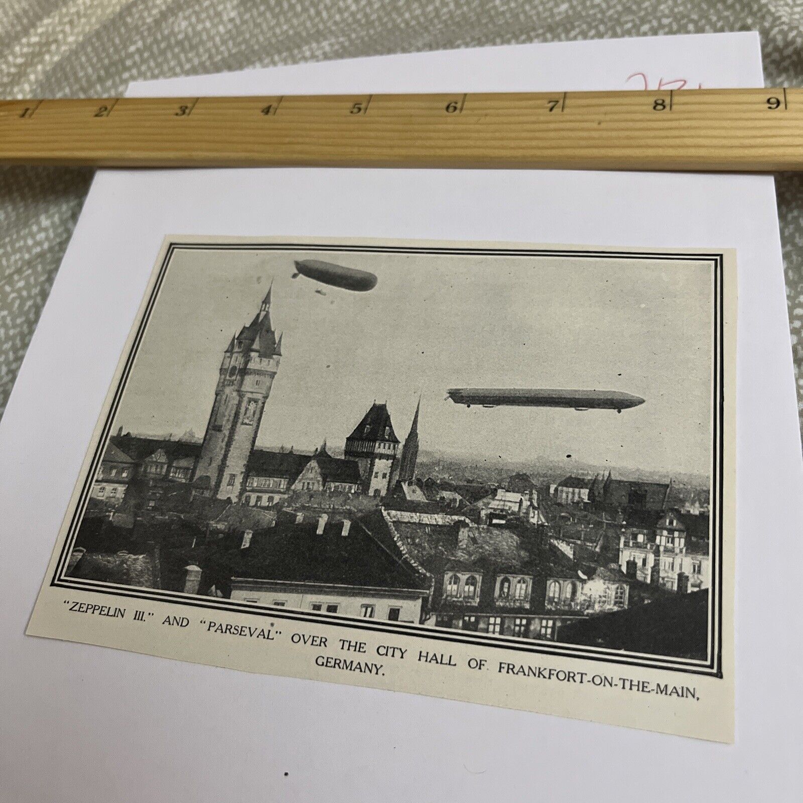 Antique 1909 Image: Zeppelin III & Parseval over City Hall in Frankfurt Germany
