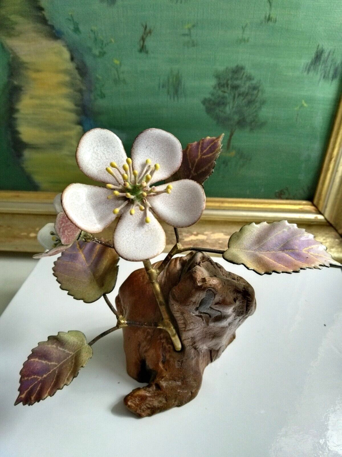 Norman Brumm Enamel Flower Sculpture, Burl Wood Pink Flower, VTG, MCM