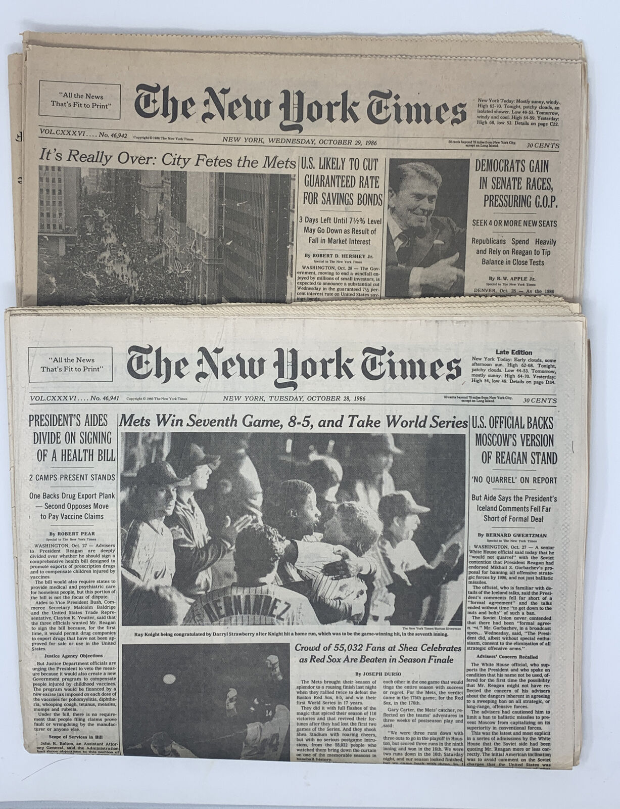 1986 OCTOBER 28 & 29 NEW YORK TIMES NEWSPAPER-NEW YORK METS WIN WORLD SERIES