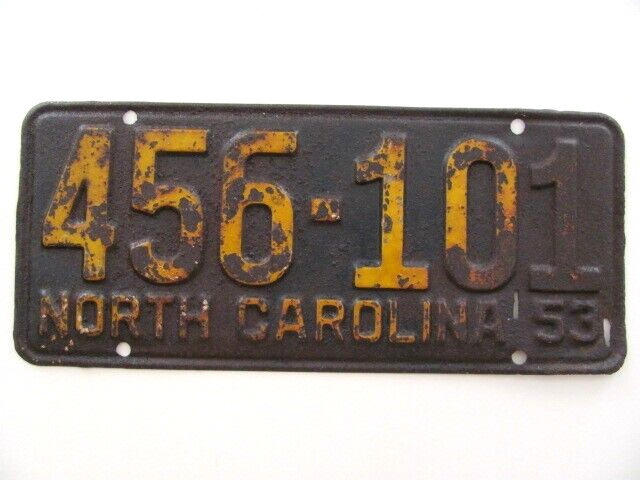 1953 NORTH CAROLINA NC LICENSE PLATE TAG,  ORIGINAL, VINTAGE, USED