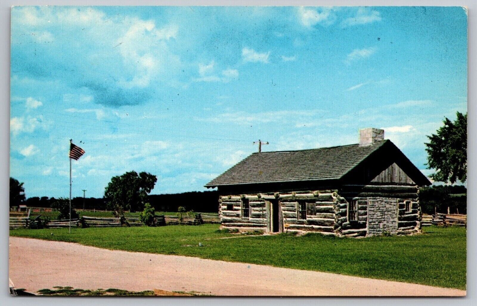 Pioneer Log Cabin Jedediah Hyde Jr Historical American Flag Vintage UNP Postcard