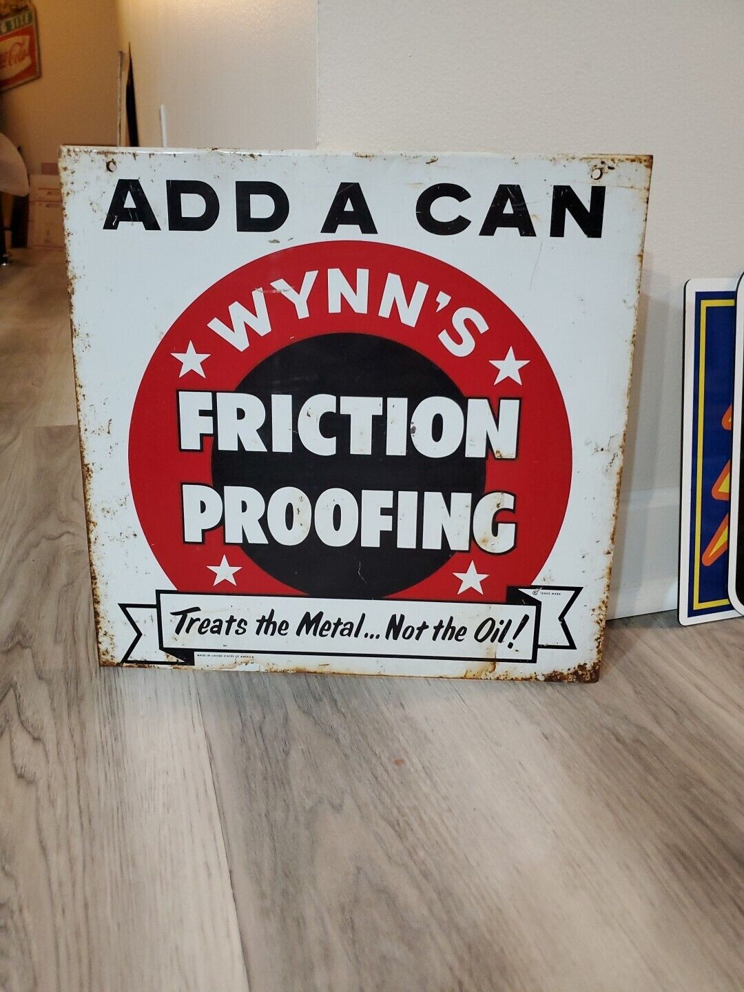 c.1960s Original Vintage Wynn's Friction Proofing Oil Sign Add A Can Rack Topper