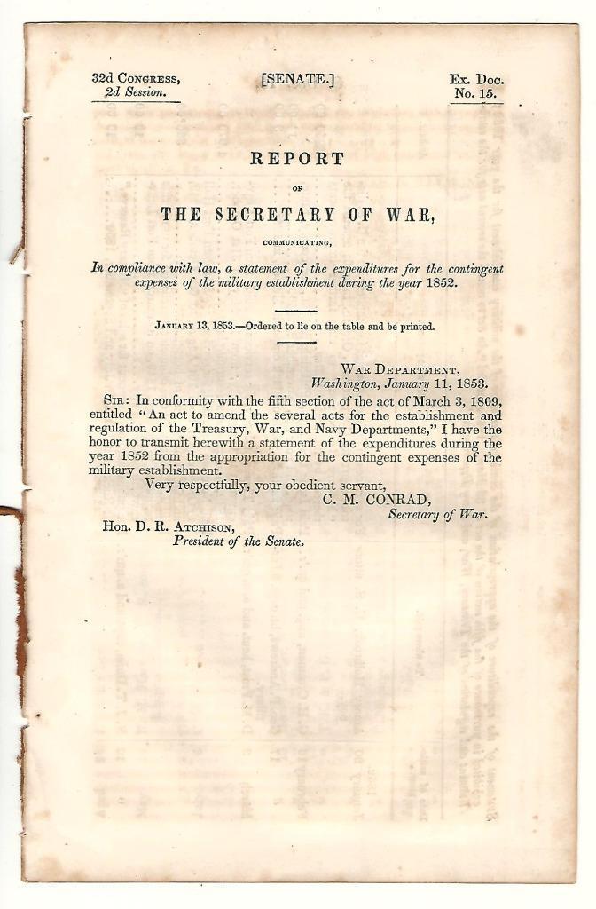 Secretary of War Re: Report on Contingent Military Expenditures in 1852