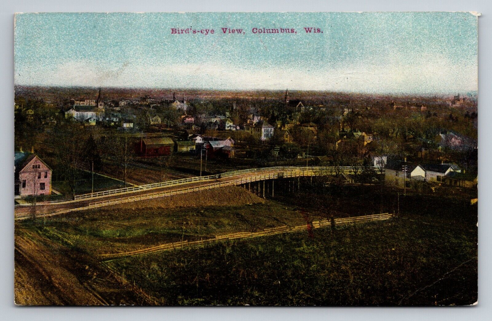 Birds Eye View Columbus Wisconsin Antique Unposted Postcard Aerial View