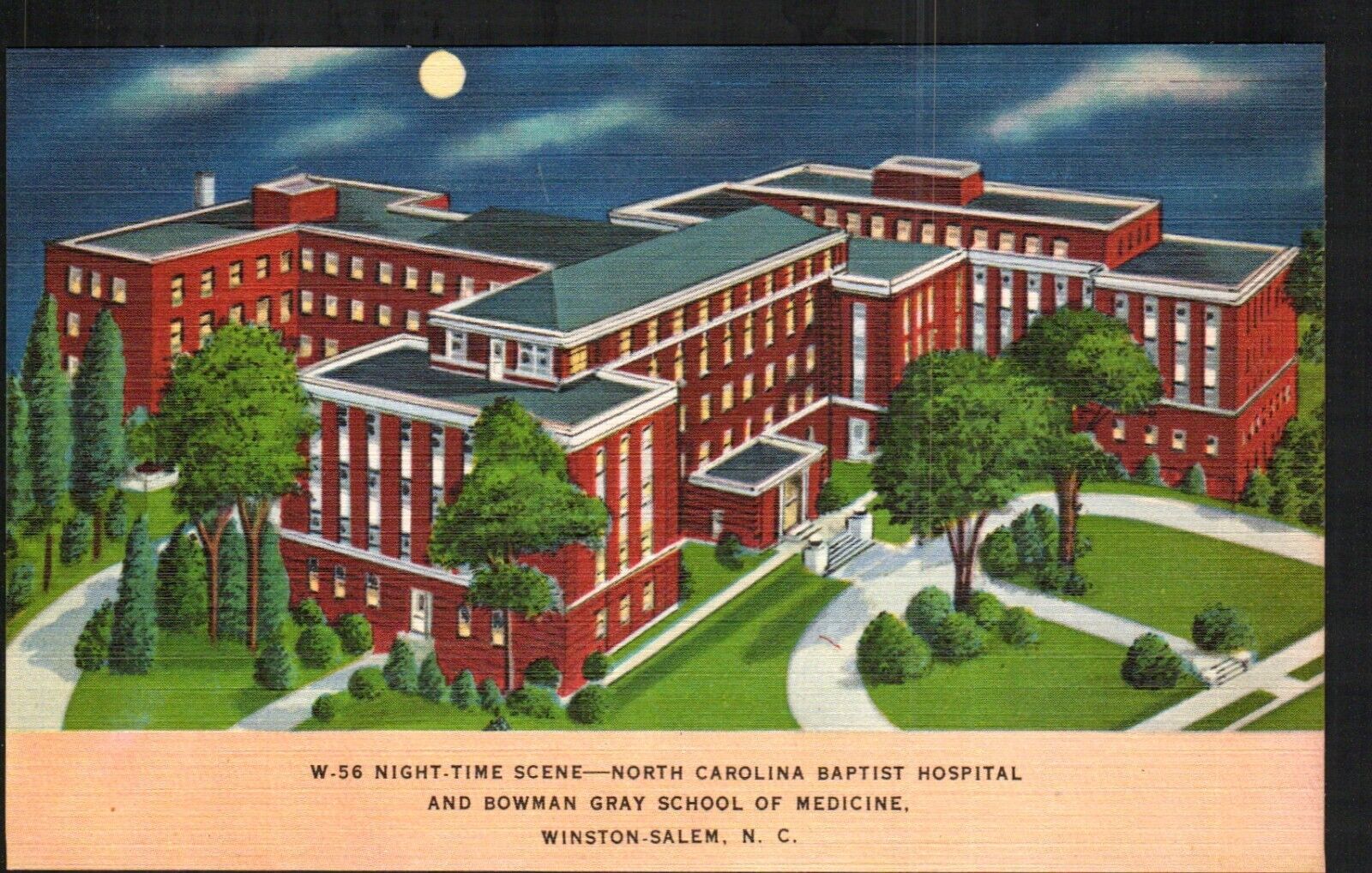 Postcard North Carolina Baptist Hospital Winston Salem Bowman Gray Night 1940 B