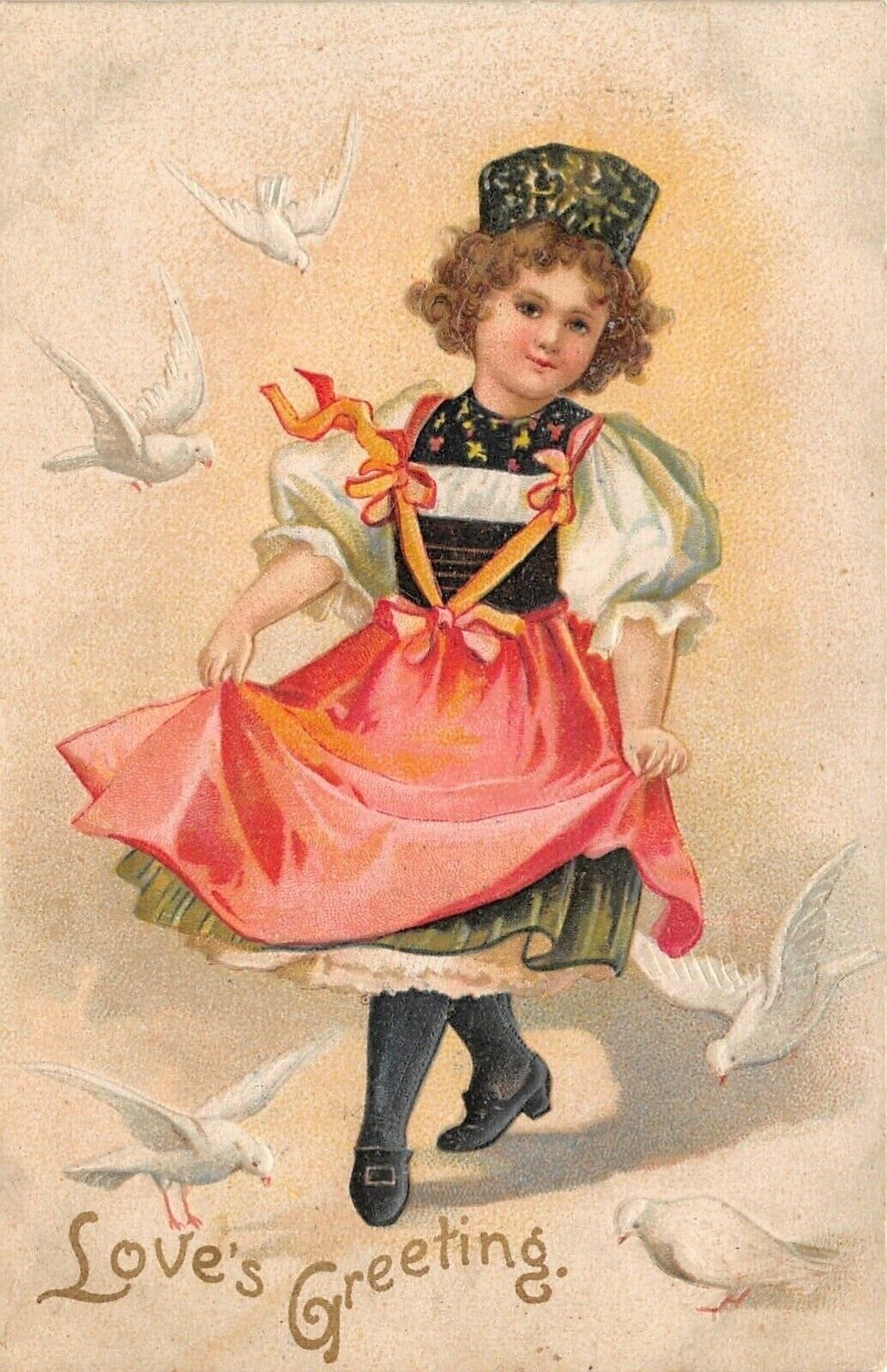 Clapsaddle Valentine~Costumed Girl Curtsies~Pink Apron~White Doves~Embossed~1908