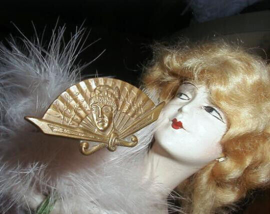 Antique Art Nouveau Edwardian Hat Pin GEISHA GIRL, FAN Shape, Aesthetic Brass