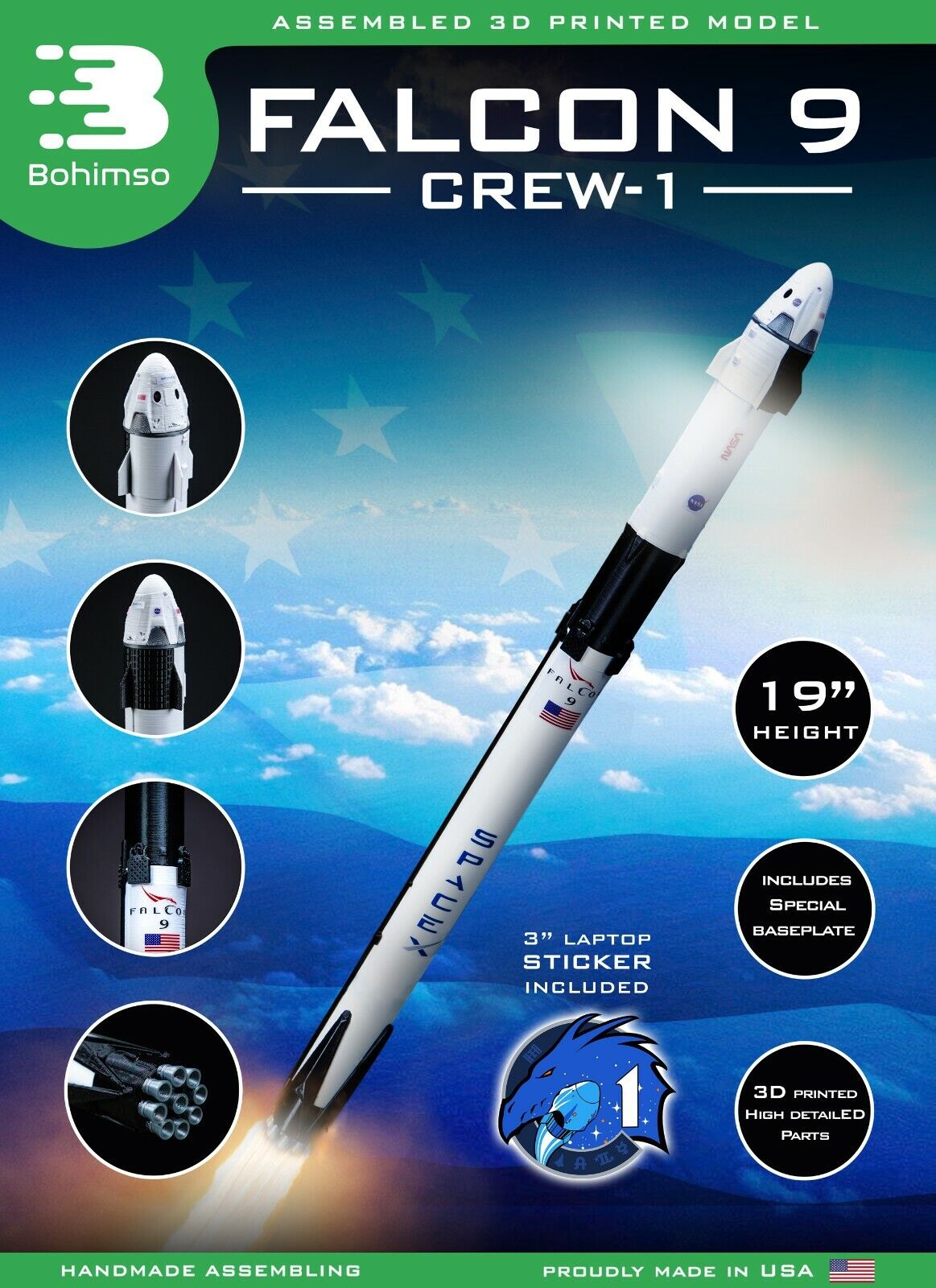 FALCON 9 Crew-1 Dragon Resilience Plastic model Rocket SpaceX NASA Scale 1:144