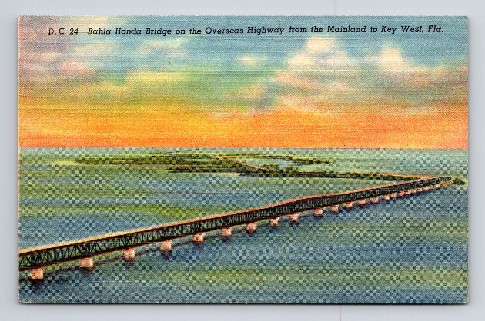 c1940 Linen Postcard Key West FL Florida Bahia Honda Bridge Overseas Highway