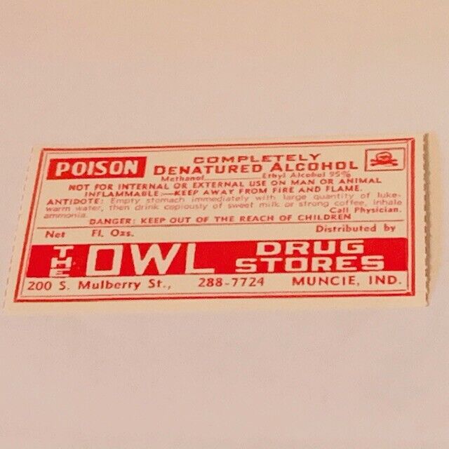 Pharmacy label ephemera paper WW1 drugstore WWI Owl Muncie Indiana alcohol IN us