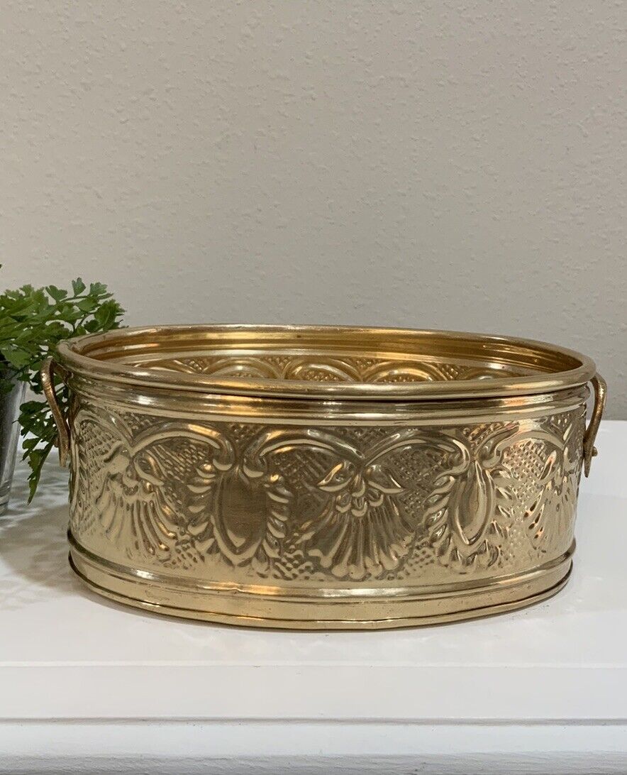 Vtg Solid Brass Floral Embossed Oblong Planter Container With Handles Made India