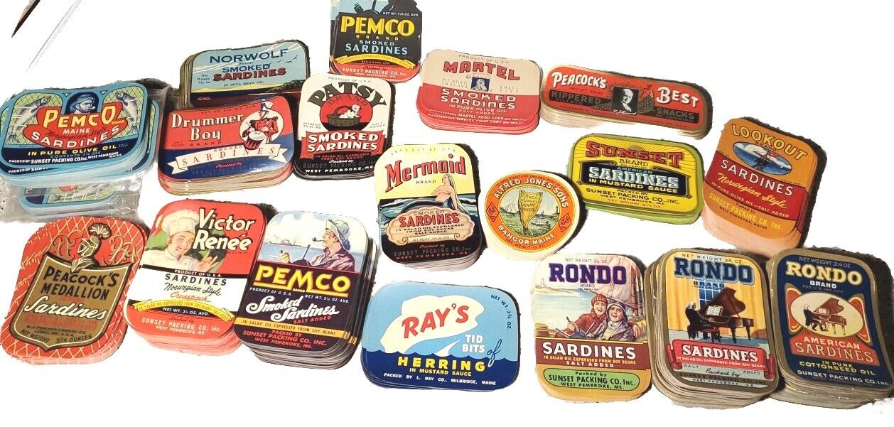 1930-40 Lot 18 Sardine Labels All Maine Mermaid Pemco Patsy Rondo Ray's Norwolf 