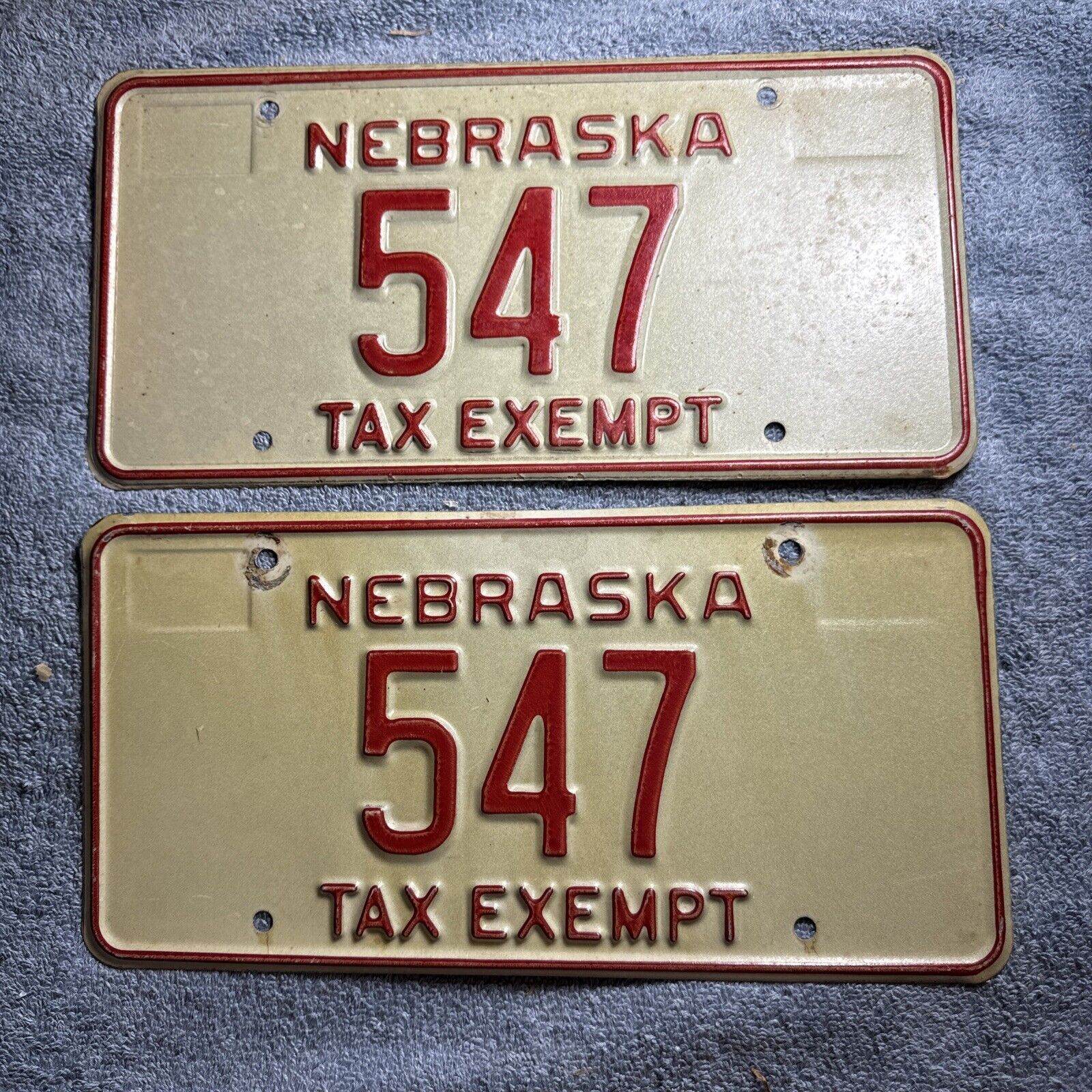 1990 Nebraska Tax Exempt License Plate Pair 547