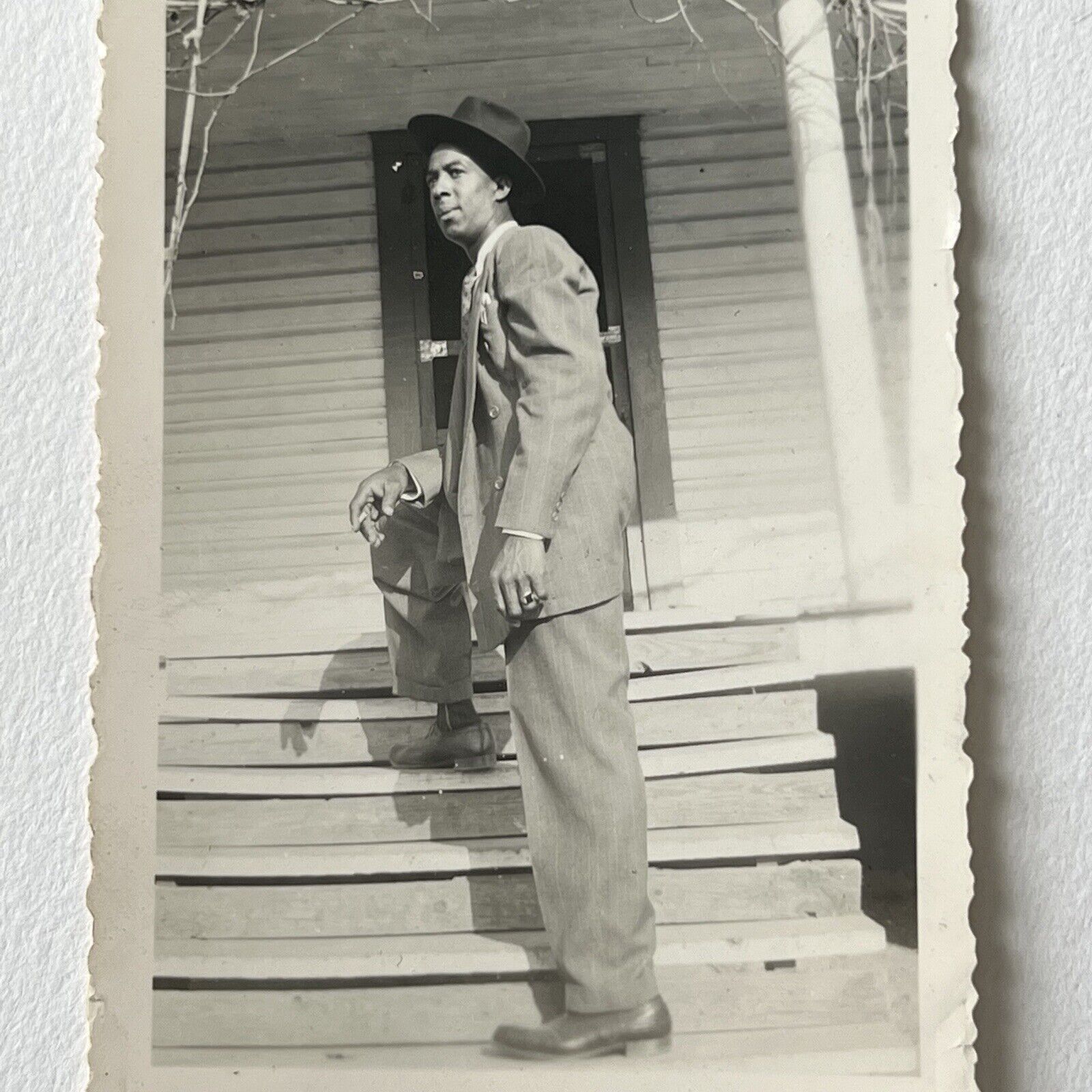 Vintage B&W Snapshot Photograph Handsome Black African American Man Fedora