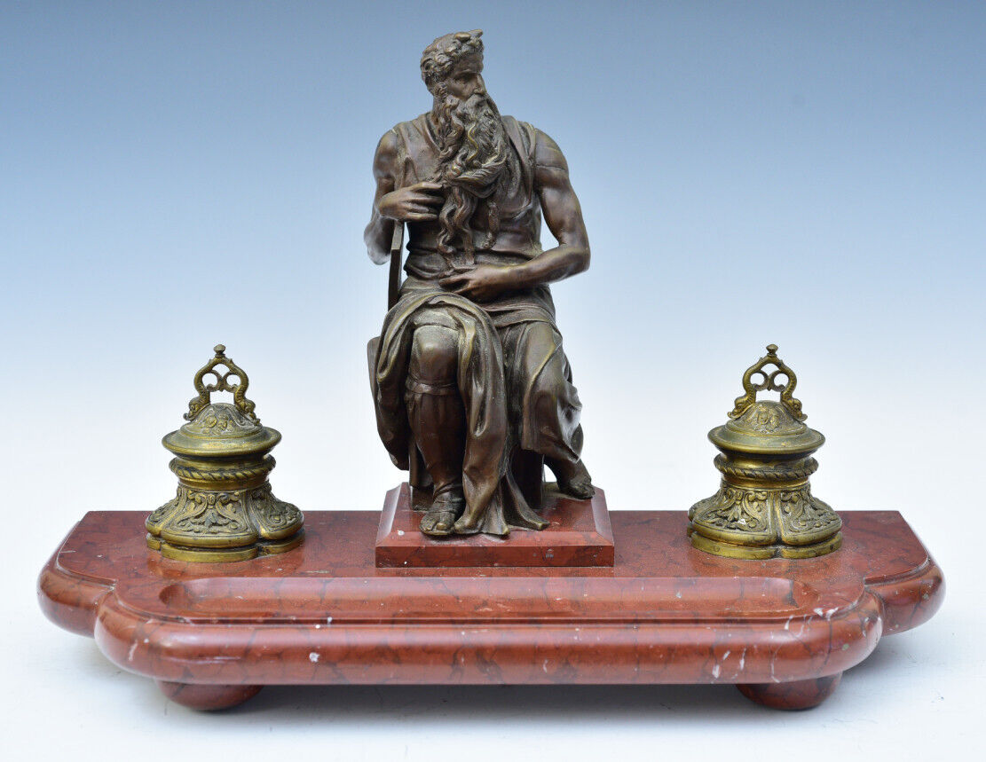 French Bronze and Marble Standish / Inkwell after MICHELANGELO's Moses, ca 1880