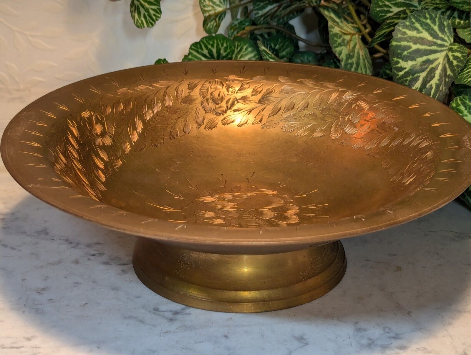 Footed 8-inch Brass Pedestal Bowl Made In India With Etched Floral Pattern