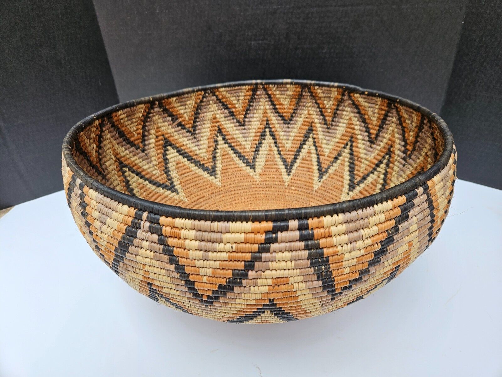 Lge Decorative Woven Coil Open Basket with Chevron Pattern -Possibl African Zulu