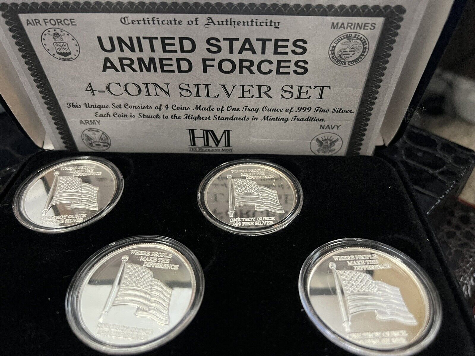US Armed Forces 4-Silver Coins Set - Each Coin Has One Troy Oz. Of .999 Silver