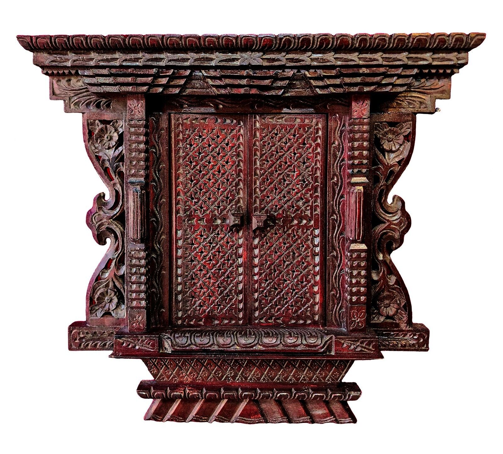 Large Red Polish Wood Carved Newar Window Door Wall Hanging Tibetan Nepal Décor