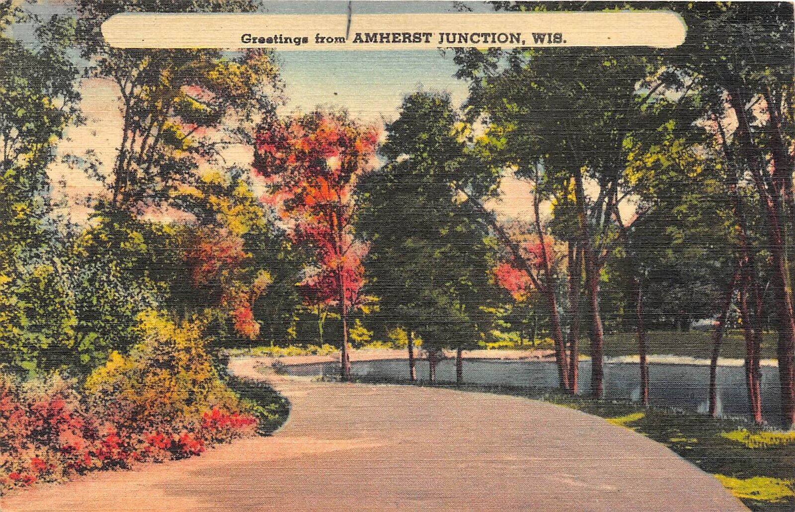 Amherst Junction Wisconsin 1940s Greetings Postcard Teen Lined Road Portage Co