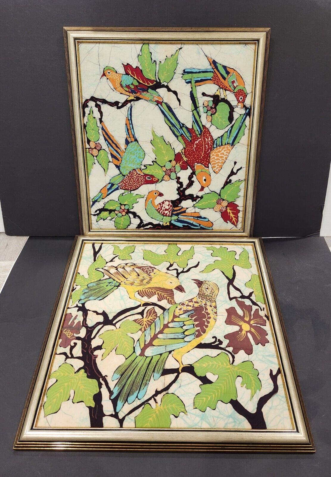 (2) VTG Framed Asian Chinese (?) Fabric Bird Art Prints - Stained Glass Pattern