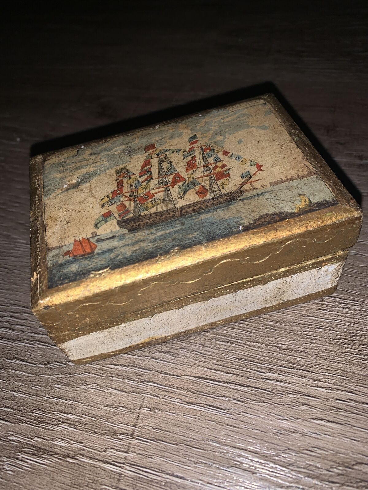 Vintage Florentia Decorative Craft Hand Made Italy Wood Gold Trinket Box Ship