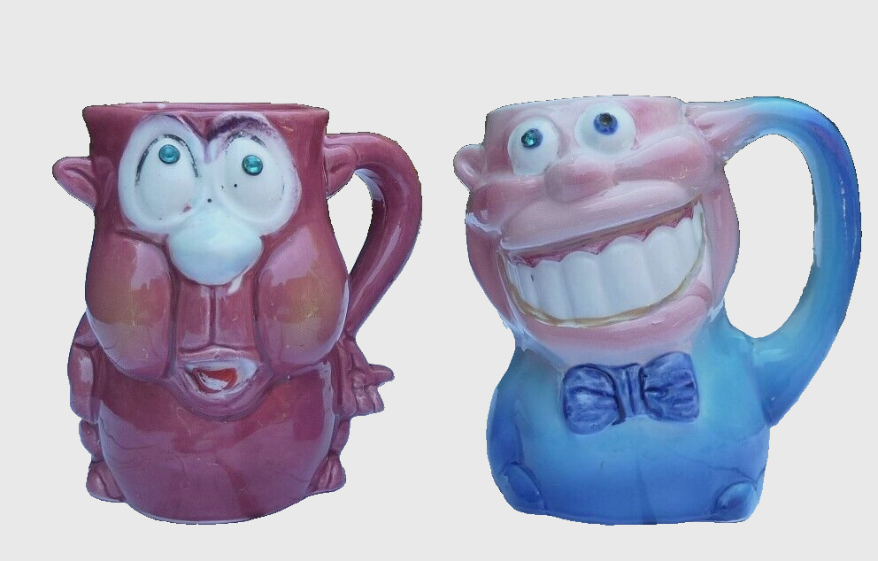 Kreiss Psycho Ceramics Mug 1960s 70s Big Teeth Rhinestone Eyes Vintage Lot of 2