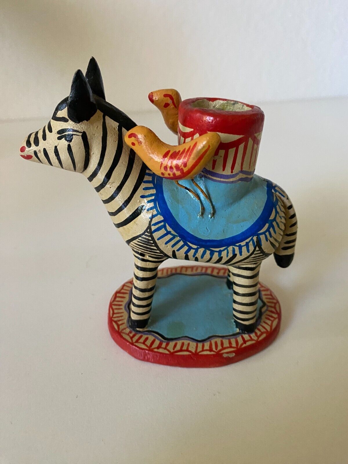 Vintage Folk Art Zebra with  Birds Mexico Candle Holder Pottery Tree of Life 4”