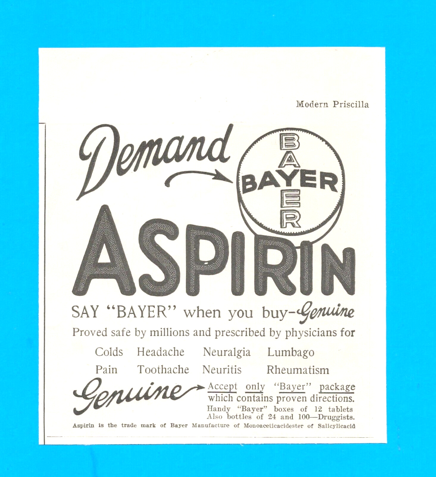 1924 BAYER ASPIRIN headache pain relief antique PRINT AD treats Colds Lumbago