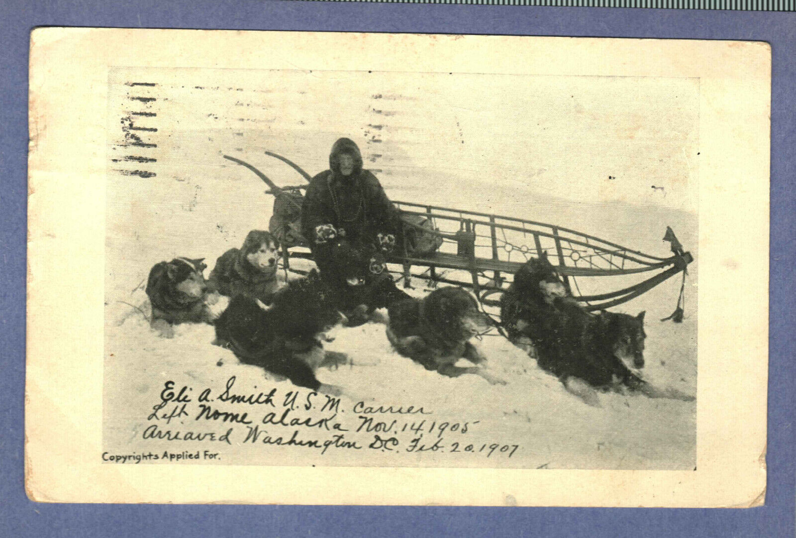 Postcard Eli A. Smith U. S. M. Carrier November 14 1905 Nome Alaska AK Dog Sled