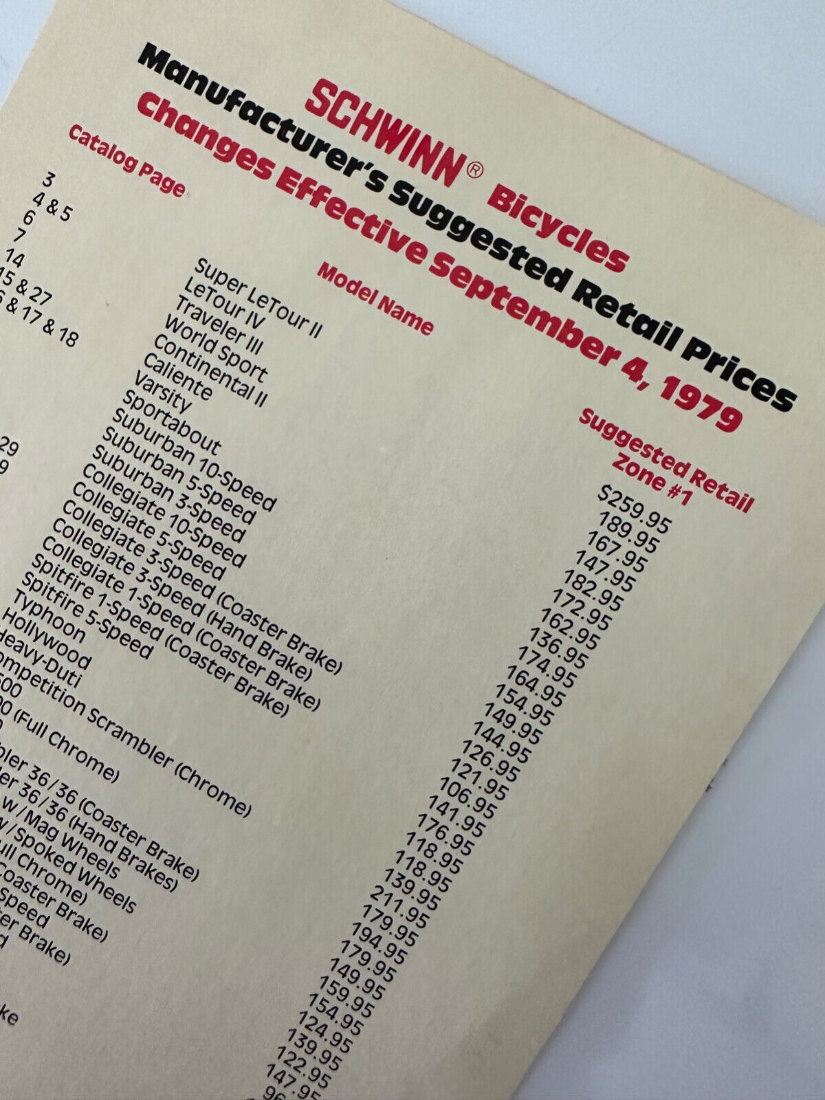 1979 Schwinn Consumer Catalog Price List