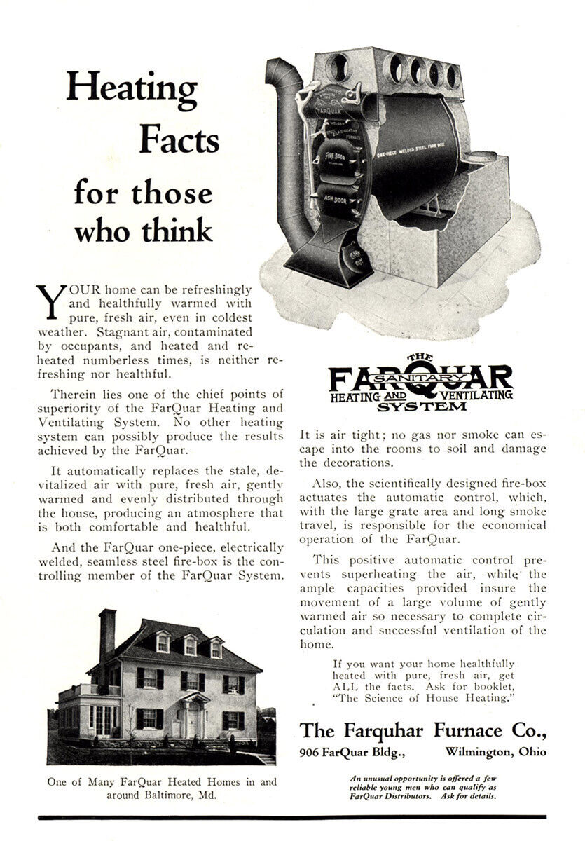 1923 Farquhar Furnace: Heating Facts Those Who Think Vintage Print Ad